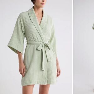 bliss Women’s Light Green Cotton Waffle Knit Robe Cotton Blend Size Small